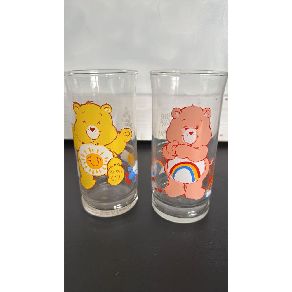 Care Bears 1983 Pizza Hut Set of 2 Glasses Vintage Funshine & Cheer Bears